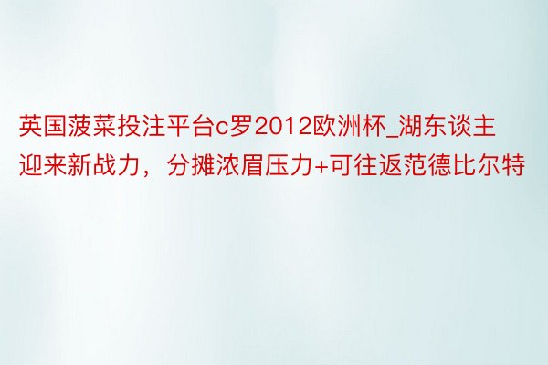 英国菠菜投注平台c罗2012欧洲杯_湖东谈主迎来新战力，分摊浓眉压力+可往返范德比尔特